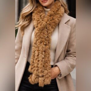 100% Genuine Rabbit Fur Scarf – Soft Brown Knit Fur Pom Pom Winter Wrap